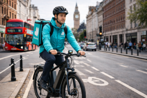 Delivery rider commuting on an electric bike in central London, wearing a turquoise delivery jacket and backpack, cycling past Big Ben on a city bike lane